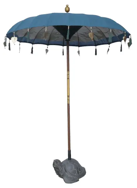 Product image 1 of the product “Bali umbrella, Blue 2 with wooden coins and gold leaves hanging around the edge. Approx. 190cm dia. and 250cm height ”